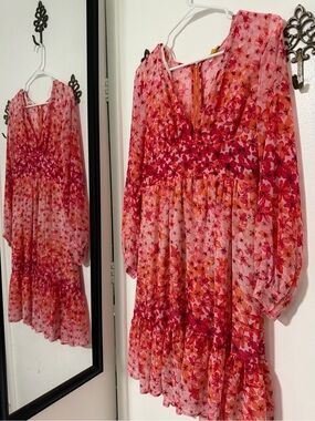 Calvin Klein Pink & Orange Floral Tiered Midi Dress